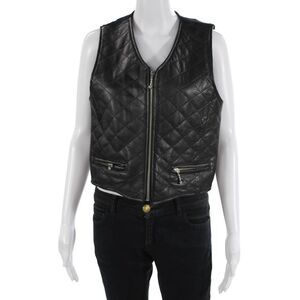 Hiscorp Womens Front Zip Quilted Leather Knit Vest Jacket Black Size Small